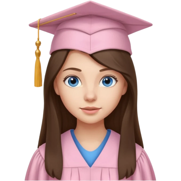young brunette girl long hair, blue eyes and light pink gown and cap university graduate emoji