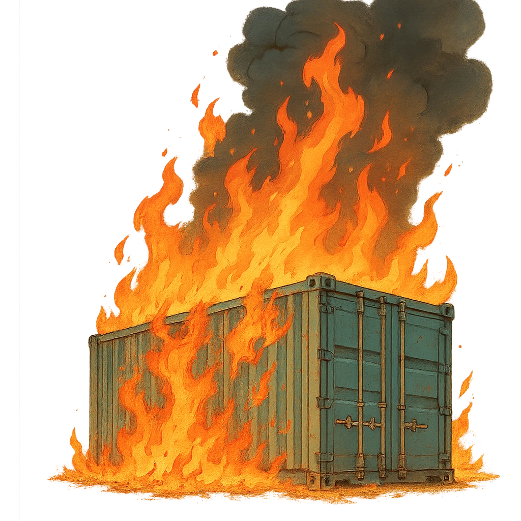 ghibli style shipping container on fire emoji