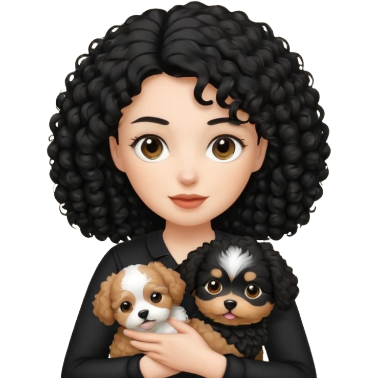 Moça branca com cabelo cacheado preto. Roupa preta e Com um cachorro no colo emoji