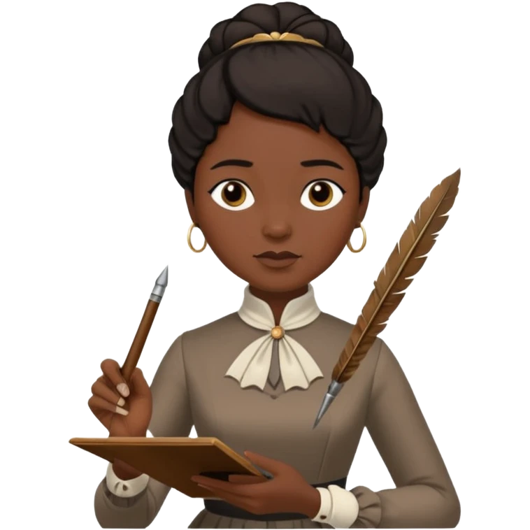 Jane austin writing with a quill in hand, make her black emoji