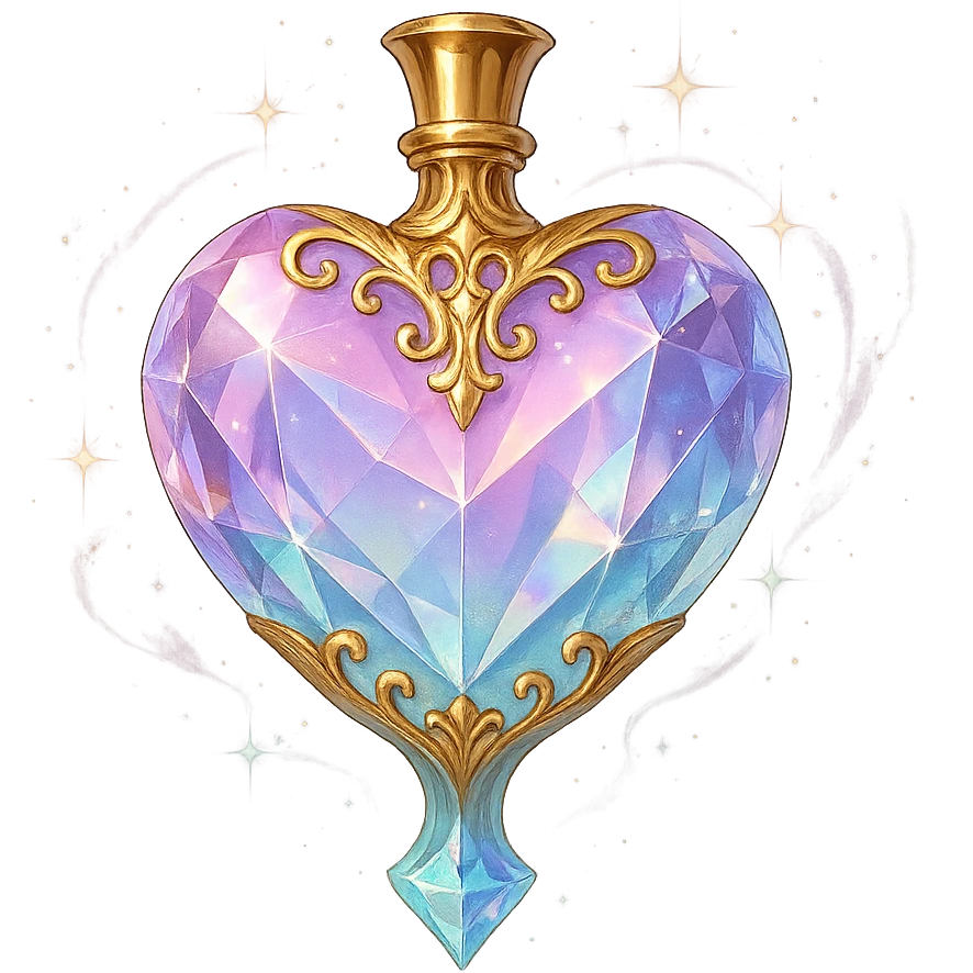 luxurious crystal elixir bottle in heart shape, pastel gradient colors, lots of glowing shine, facets, ornate details, golden accents, magical effects, very small golden neck, transparent background, beautiful merging base, clearly floating in air, no base or shadow, premium class impression, design matching a collection of crystal, luxurious, magical bottles emoji