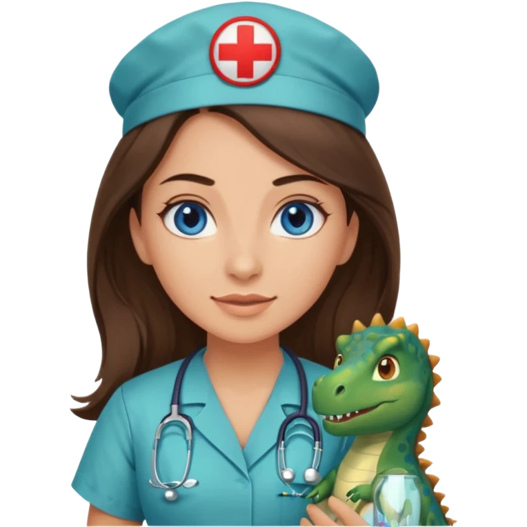 pretty brunette nurse with long hair and blue eyes in dinosaur scrubs emoji