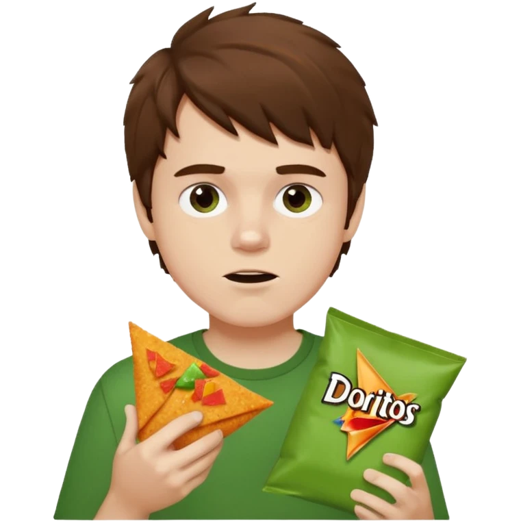 A white boy with messy brown hair eating Doritos while gaming on a green ipad emoji