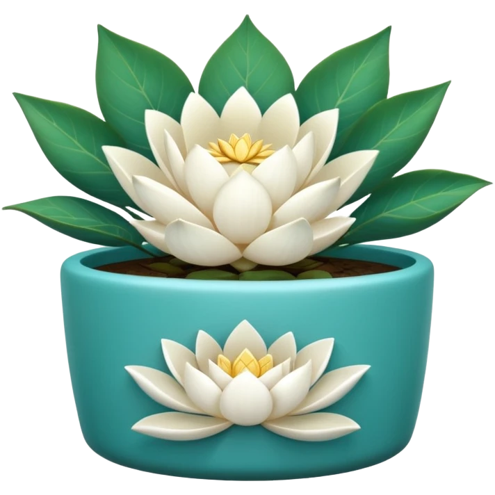 Decorative turquoise planter with a shallow, cylindrical shape and a white lotus flower plant emoji
