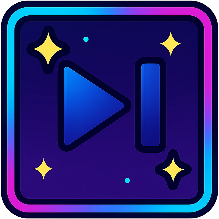 animated next song icon with dark purple, blue, and black base, bright accents, complex gradients, stars, bright neon border, modern clean next song symbol, subtle glowing and moving stars neon effects, sophisticated futuristic style emoji