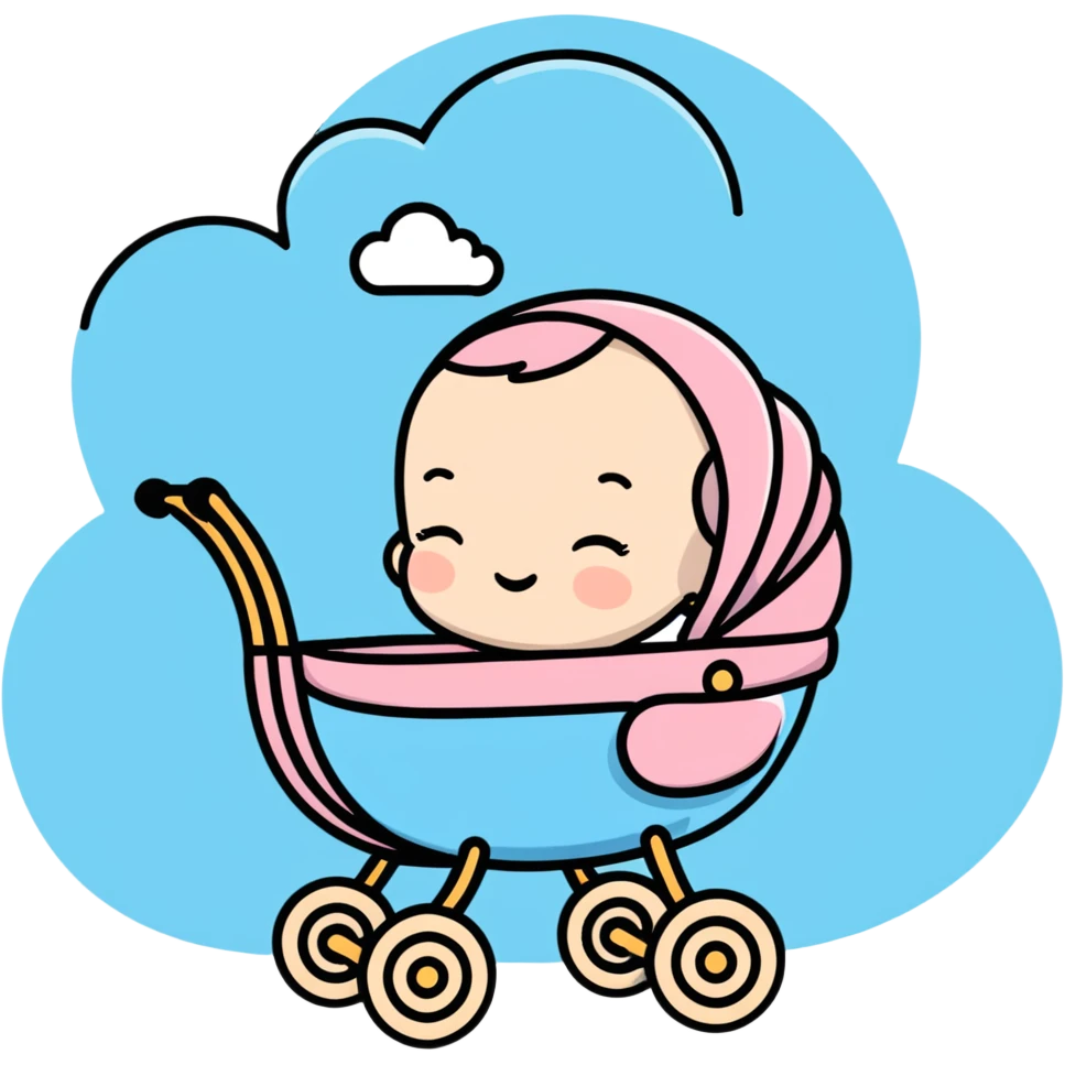 peaceful sleeping baby with closed eyes in pink and beige stroller with pastel blue clouds decoration emoji