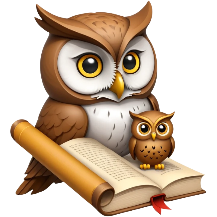 An icon featuring an ancient scroll, a thinker’s bust, and a question mark, symbolizing philosophy. The design includes a wise owl, a book, and abstract symbols, representing deep thought, ethics, and wisdom. Transparent background emoji