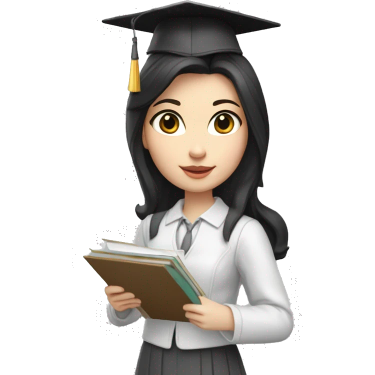 pale skin girl graduate student with middle length black hair,wearing graduate black cap, gray eyes, White classical jacket, blouse, Gray skirt holding a color palette in the hands emoji