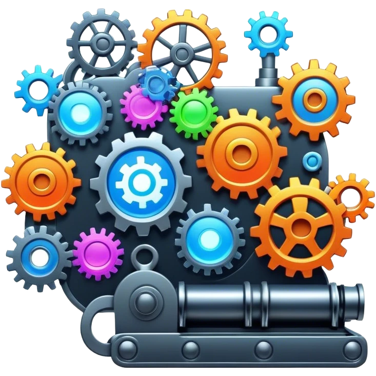 A whimsical content factory powered by AI, where ideas are turned into digital masterpieces, gears and conveyor belts moving with glowing social media icons, futuristic and colorful. emoji
