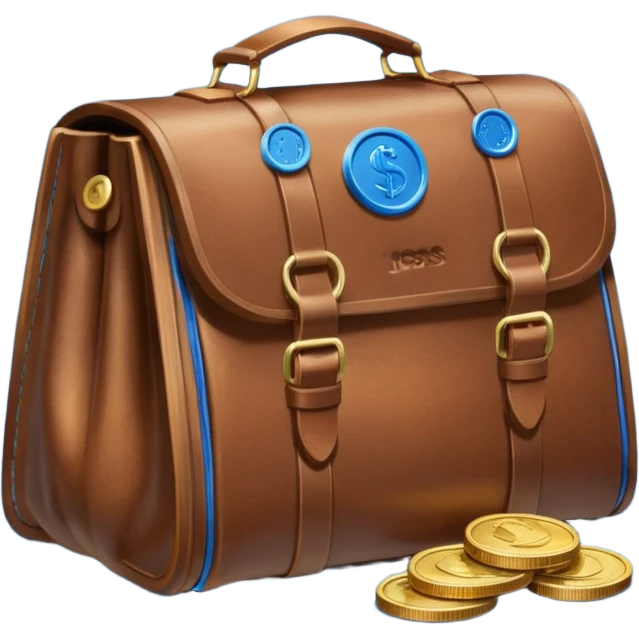 leather bag on top of blue coins stack emoji