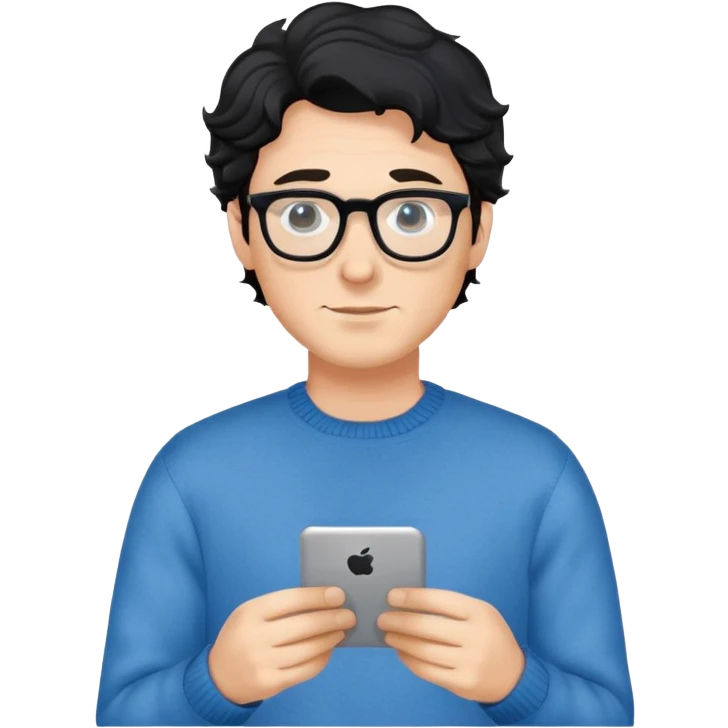 Caucasian man with black wavy hair wearing glasses and a long sleeve blue sweater emoji
