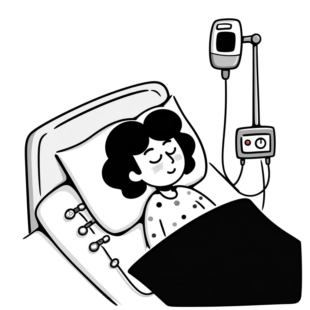 patient sleeping in bed with EEG electrodes, pulse oximeter, and other sensors for polysomnography sleep study emoji