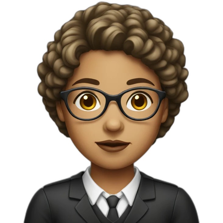 girl with round glasses, short curly hair, shoulder length, dressed as a lawyer emoji