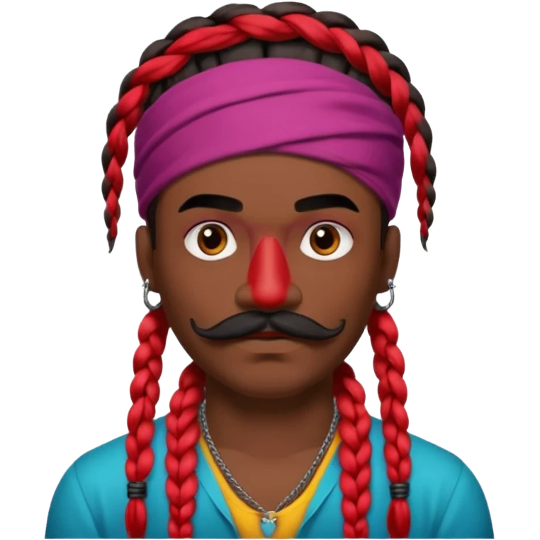 big lose braids starting from the top of the head man with mustache face wiith big visible braids and mono color headband on head  face and braids as big as headband and lots and lots of face tattoos colored tattoos like a tattoo artist hair unique color emoji