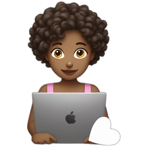 girl with curly dark brown hair with laptop and white hearts back her emoji