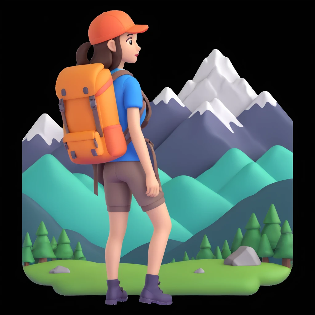 girl back packing mountains in background, close up pose emoji
