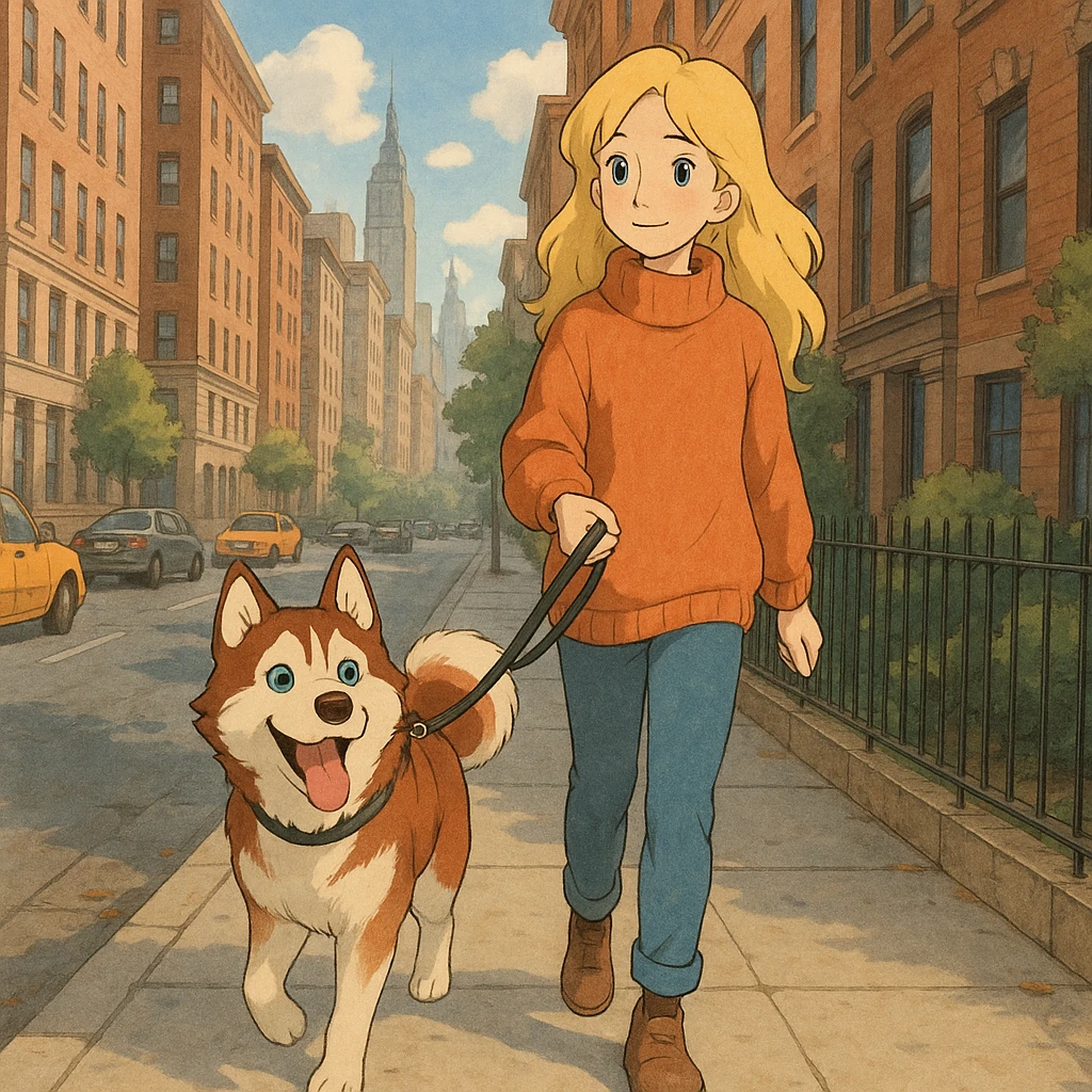 Cute Blonde woman wearing a sweater walking a happy red-brown blue-eyed Siberian husky in New York City on an upper east side city sidewalk  emoji