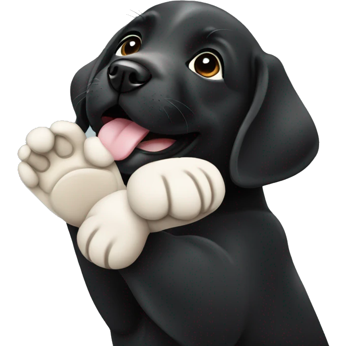 sitting black labrador puppy makes high five with one paw emoji