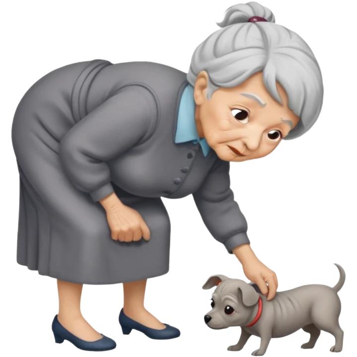 Old woman bent over from waist to floor trying to pick up dog emoji