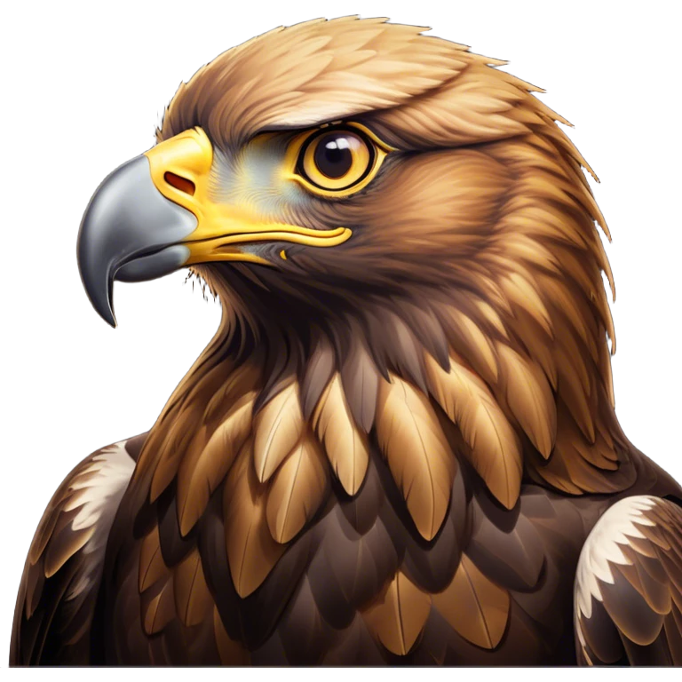 Cinematic Noble Golden Eagle Portrait Emoji, Poised and majestic, with a powerful, broad build, regal hooked beak, and piercing, intense eyes set against richly golden-brown plumage, Simplified yet sharp and sophisticated features, highly detailed, glowing with a soft, amber radiance, high shine, intelligent and commanding, stylized with an air of aerial supremacy, focused and determined, soft glowing outline, capturing the essence of a watchful and confident golden eagle that appears ready to soar out of the screen with effortless authority! emoji