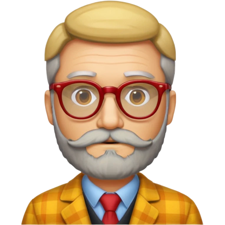 Un profesor calvo, que tenga barba abundante, lleva gafas con el cristal de color amarillo y un abrigo de cuadros rojo emoji