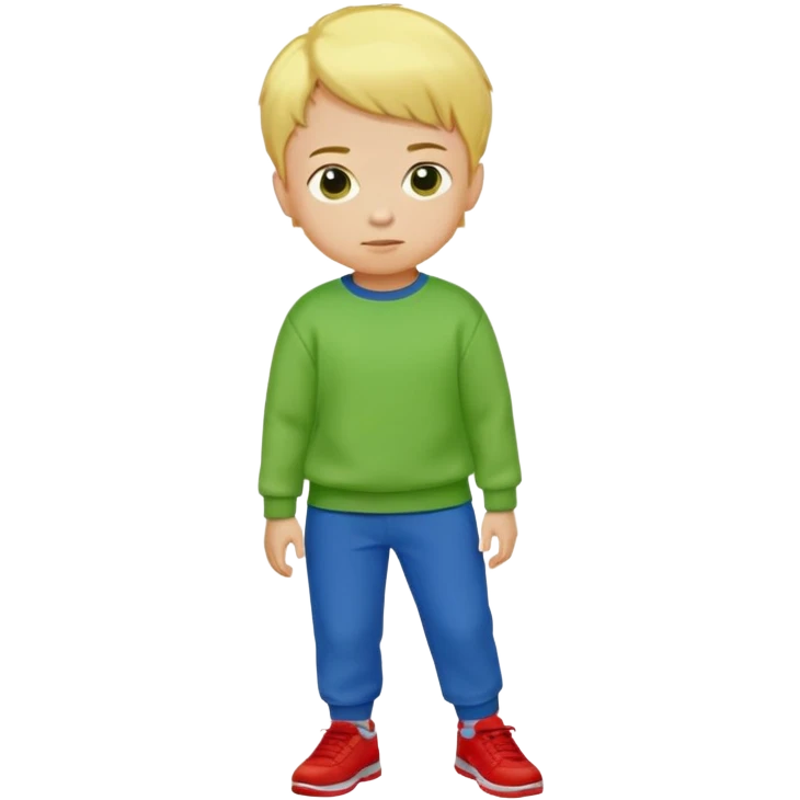 Small boy with short yellow hair, bright green sweatshirt, blue pants and red shoes emoji