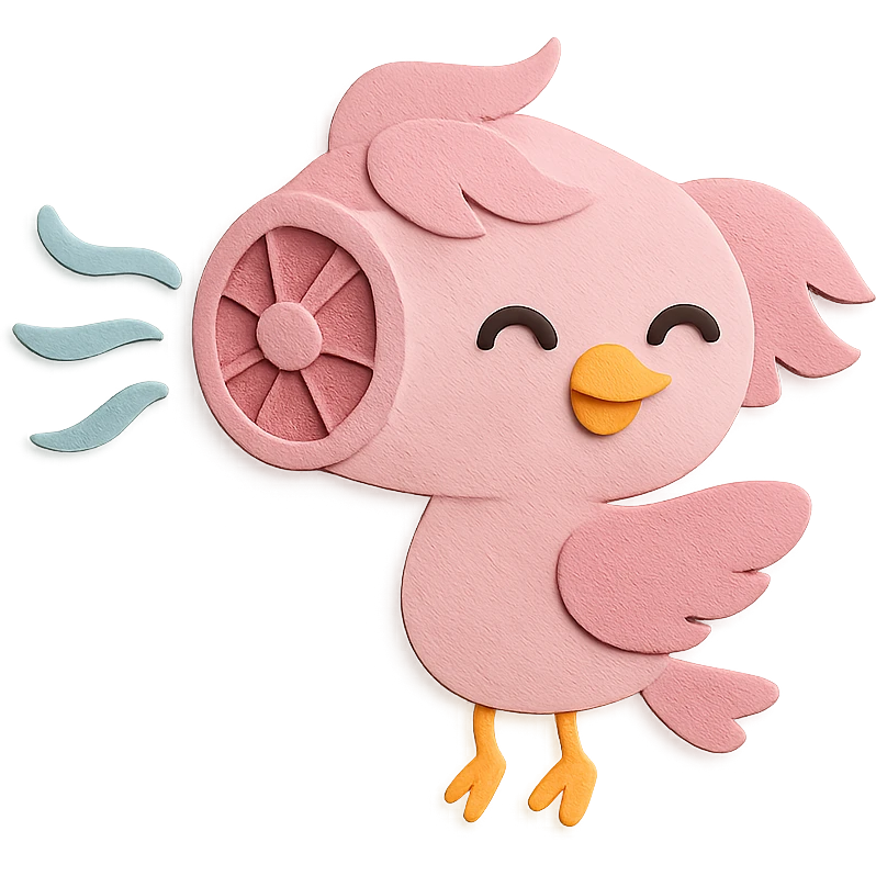 chibi hair dryer-bird hybrid, blowing air, happy face, soft pink, full-body emoji