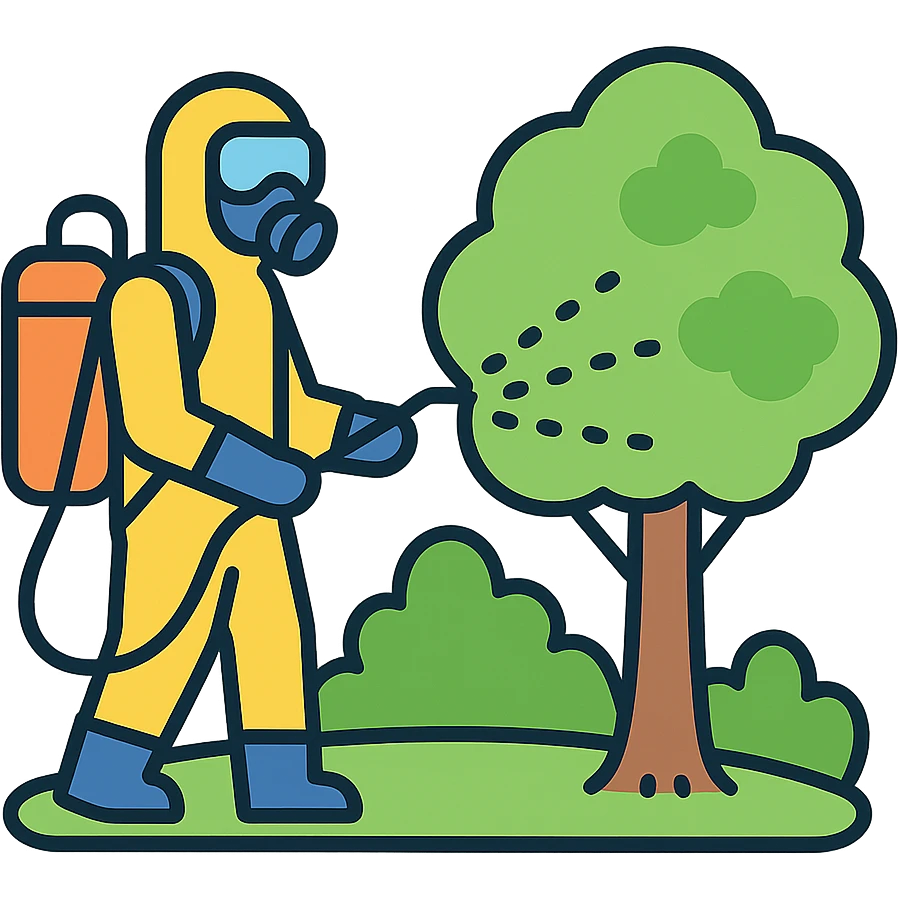 A gardener in protective suit and mask spraying a tree with a sprayer, performing chemical pest control. Bright green garden with trees, visible spray droplets, atmosphere of professional plant protection and garden care emoji