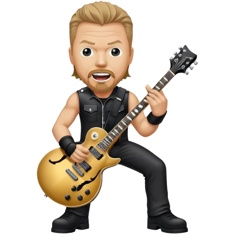 Create a bold and energetic emoji representing James Hetfield with his iconic guitar. The design should feature James Hetfield holding his famous ESP Explorer guitar, known for its sharp, angular body shape. The emoji should convey a sense of power and energy, with James positioned in a strong, rockstar pose, playing with passion. Add subtle elements like a microphone stand, amplifier, or stage lighting to reflect the live performance vibe. Use dark, metallic colors like black, silver, and red, reflecting the heavy metal aesthetic. The background should be transparent. emoji