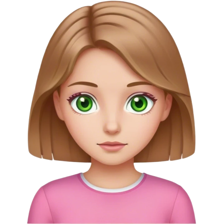 Girl with brown-blondish hair green ayes white skin that is wearing a pink outfit  emoji