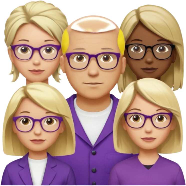 FIVE person team; 2 men and 3 women.  All dressed in yellow or purple.  
1 caucasian woman with blonde mid length hair
1 caucasian woman has ash blonde hair tied up.  
1 man is African-american and bald
1 man is caucasian and very little hair left.  
All have glasses emoji