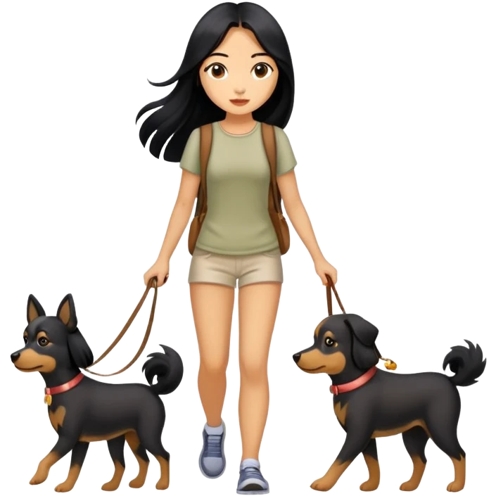 A girl with long black hair walking with three dogs emoji