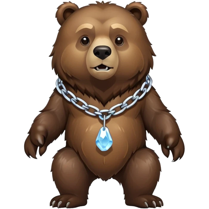 Complete view of serious grizzly bear on four paws, dark brown fur, whole body shown from head to tail, thick ice chain collar emoji