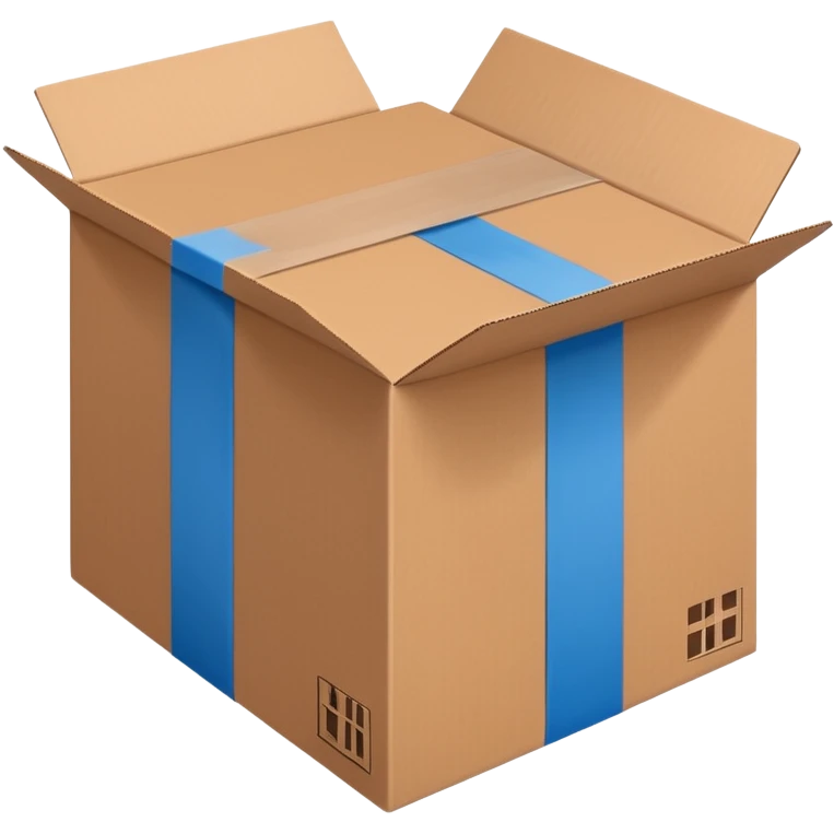 brown shipping box exactly like in the photo, with strong blue tape in H-shape on top, perspective slightly from above, clear and simple emoji