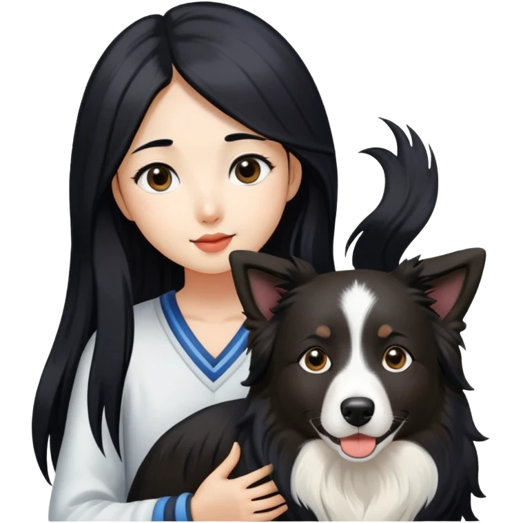  asiatic girl with long black  hair and border collie emoji