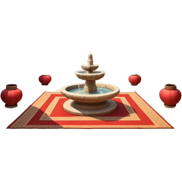 3D Apple-style emoji of a Turkish han courtyard. Square courtyard, small fountain, low arches, hanging lanterns, stacked carpets. Rounded, glossy, soft shadows, bright daylight, white background.





 emoji