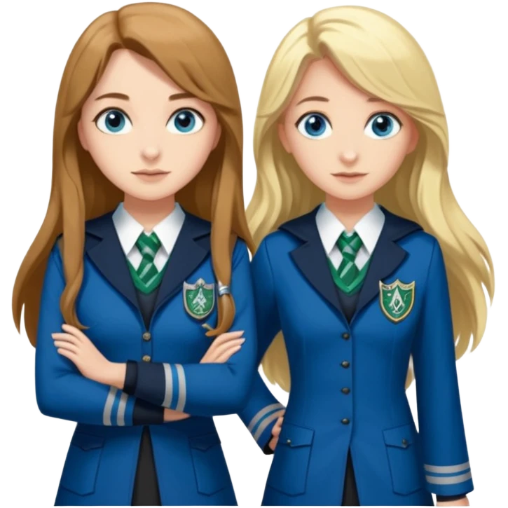 a pretty ravenclaw girl with long brown hair and blue eyes standing with a hot Slytherin girl with long blonde hair, blue eyes and big boobs  emoji