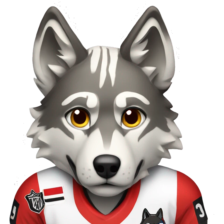 A wolf in a red black and white hockey uniform with a wolf emblem emoji