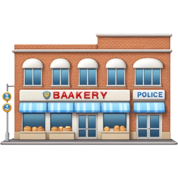 a bakery building situated between a supermarket and a police station, all three buildings visible, emoji style emoji