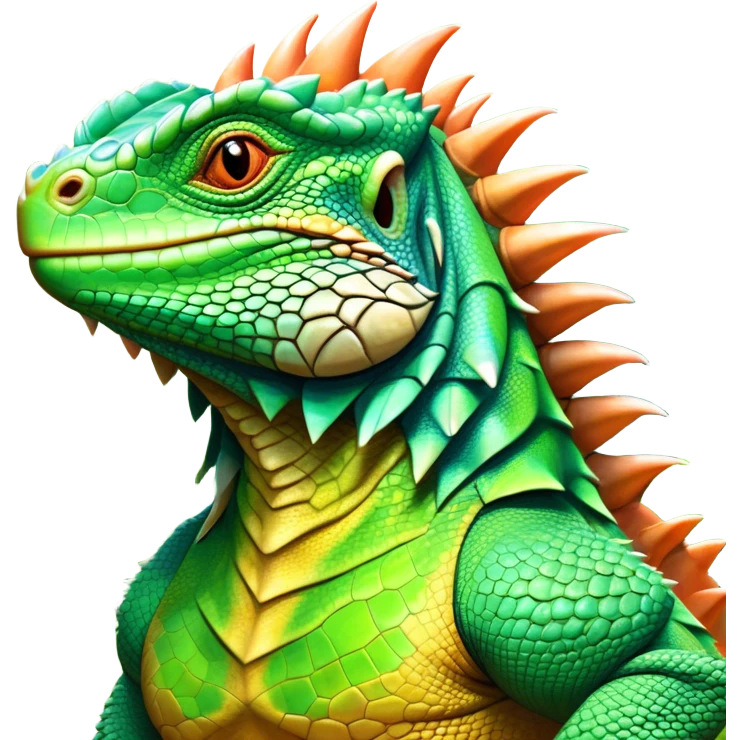 Cinematic Noble Iguana Portrait Emoji, Poised and majestic, with a robust, muscular build and a vibrant, scaly body accented by a prominent spiky crest and keen, observant eyes, Simplified yet sharp and sophisticated features, highly detailed, glowing with a soft, jungle radiance, high shine, intelligent and formidable, stylized with an air of ancient reptilian authority, focused and commanding, soft glowing outline, capturing the essence of a watchful guardian that appears ready to stride out of the screen with effortless might! emoji