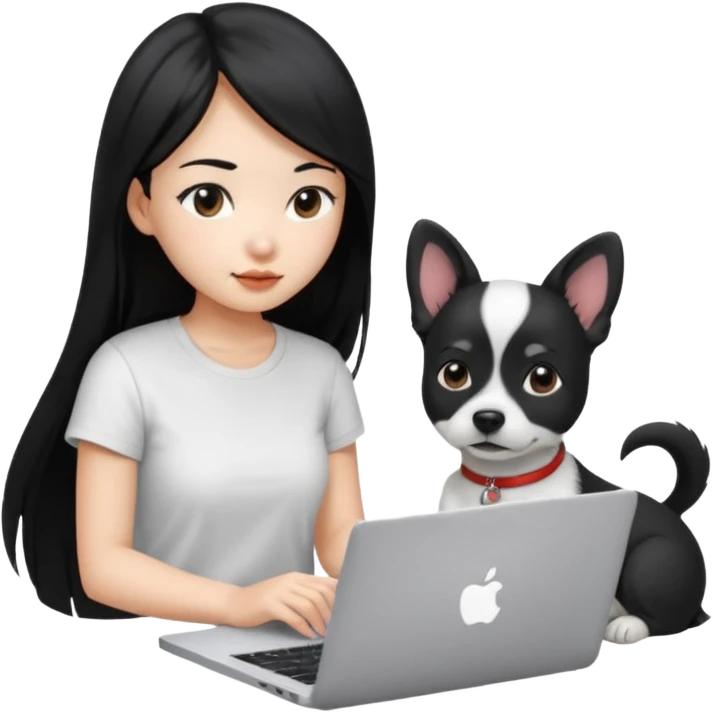 Blue back ground, Asian girl with long black hair , wearing a white t-shirt, working on an Apple laptop, next to her is a small black and white dog emoji