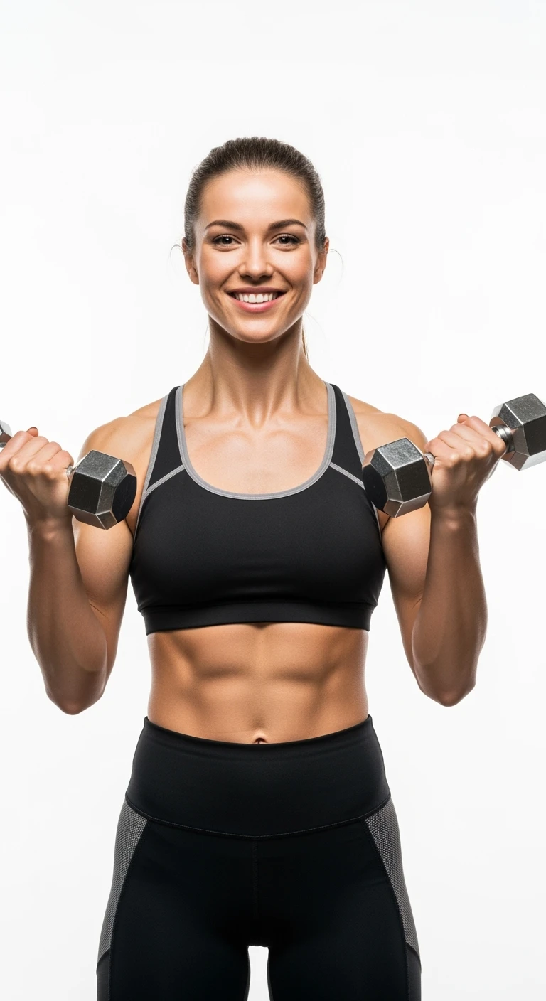 donna fitness felice con manubri da palestra in mano, iperrealistico 4k, sfondo bianco emoji