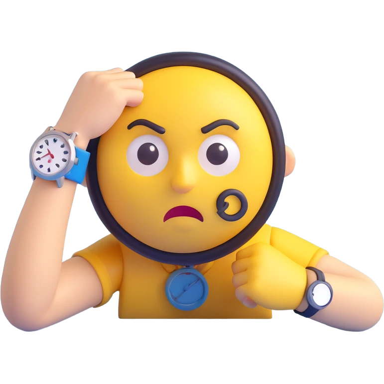 A yellow emoji face with a worried expression, looking at a wristwatch with raised eyebrows, showing urgency and stress emoji