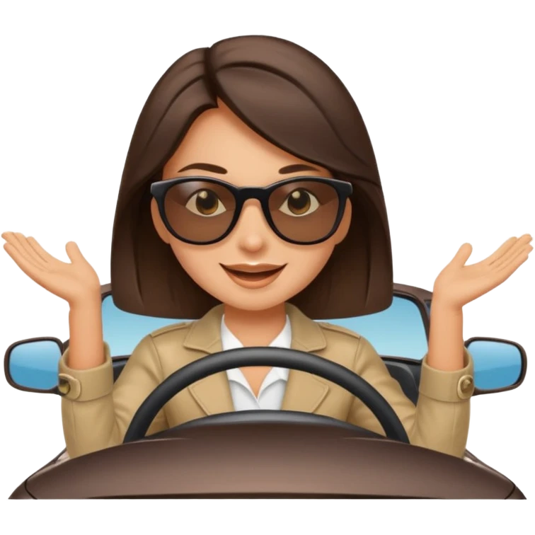 Brunette driving car like crazy. Happy face confidence  emoji