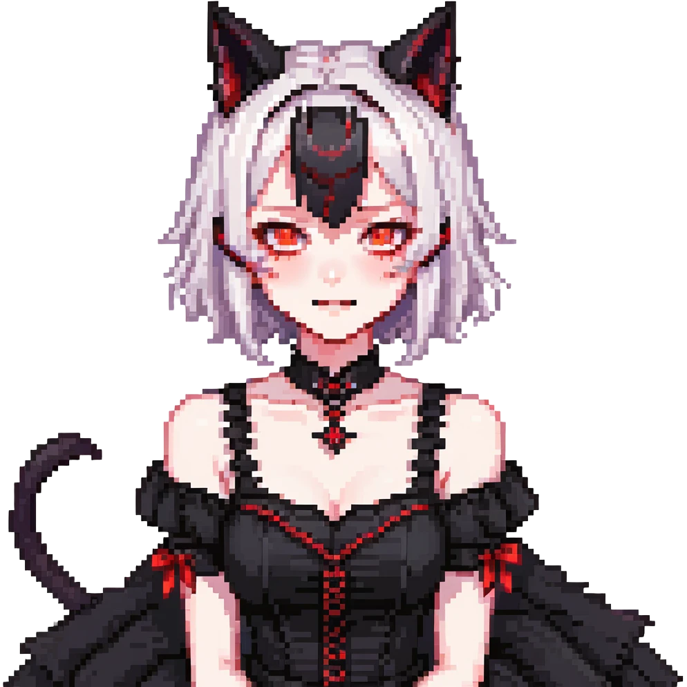 neko anime girl emoji, gothic black dress, glowing red eyes, fanged smirk, pale skin, cat ears, dark vibe emoji