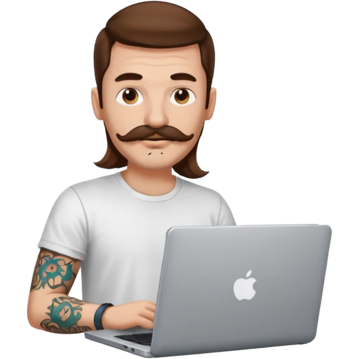 A DEVELOPER WITH A laptop, USING t-shirt, long hair, mustache, tattoo, piercing emoji
