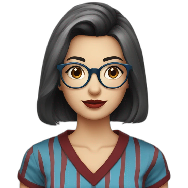 a woman face with grey eyes, a dark red shag haircut, transparent vintage style glasses, a round face and a black and blue striped shirt emoji