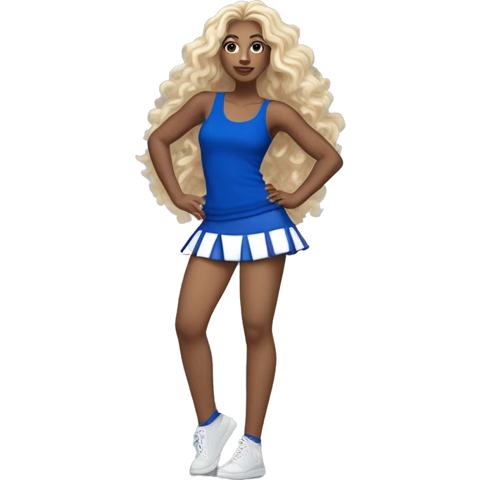 Dancer with royal Blue miniskirt and royal blue long tank top with blond wavy long hair. Holding silver pom poms.  emoji