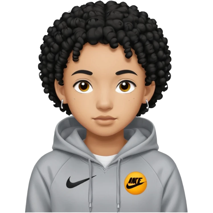 Blasian teenager wearing a nike hoodie with black curly hair and ears pierced emoji
