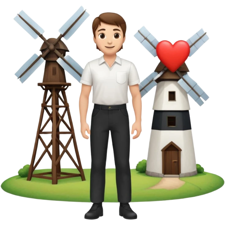 a white man with brown hair and a white shirt and black pants standing next to a windmill with a heart  emoji